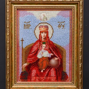 Handmade Religious Icon Virgin Mother of God Embroidered Orthodox Religion Gift Christianity Beads Icon Christian Wood icon