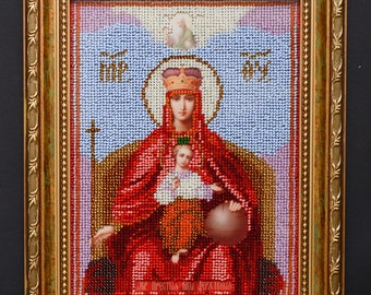 Handmade Religious Icon Virgin Mother of God Embroidered Orthodox Religion Gift Christianity Beads Icon Christian Wood icon