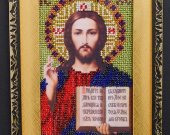 Handmade Beaded Icon Jesus Christ Picture Needle Religious Beads Icon Artwork Orthodox Icon Christian Church Icon Embroidered Easter gift