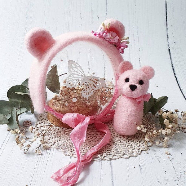 Pink Felted Teddy Bear Tieback and Toy set