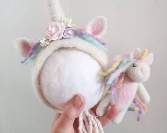 Felted Newborn Rainbow Unicorn Bonnet