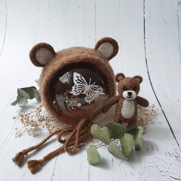 Felted Brown Teddy Bear Bonnet Set Newborn photography prop