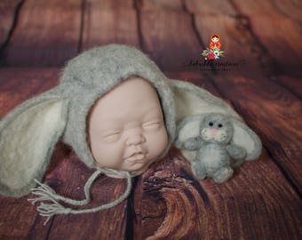 Felted Grey Bunny Bonnet Set Newborn photography prop