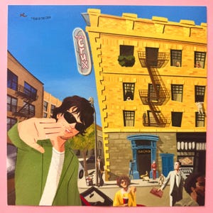 May include: A square art print featuring a person in a green jacket and sunglasses in the foreground. The background depicts a yellow building with a fire escape, a blue sign reading The Crux, and various figures on a city street under a blue sky.