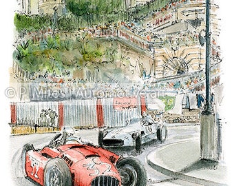 Monaco Grand Prix 1955 Chiron Ferrari Moss Mercedes / vintage racing cars / automotive art / gift / art print from an original painting