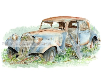 Citroen Traction Avant stary i zardzewiały / klasyczny samochód / zabytkowy samochód / sztuka motoryzacyjna / prezent / wydruk artystyczny z oryginalnego obrazu