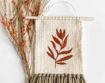 Autumn Floral Embroidered Woven Wall Hanging | minimal weaving + embroidery | hygge japandi fibre art
