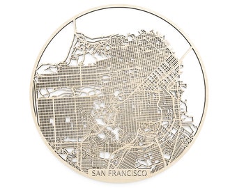 Wooden map of San Francisco CA round