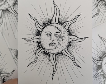 Licht & Schatten/Sonne und Mond A5 Illustration Print, Gothic Homeware
