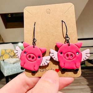 Pink Flying Pig Clay Earrings