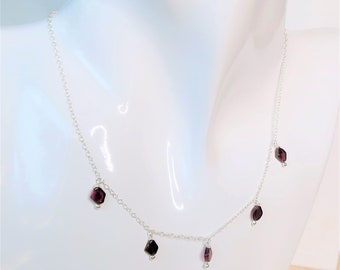 deep red garnet necklace, choker style garnet necklace, sterling silver chain diamond shaped garnet beaded necklace, minimalist necklace