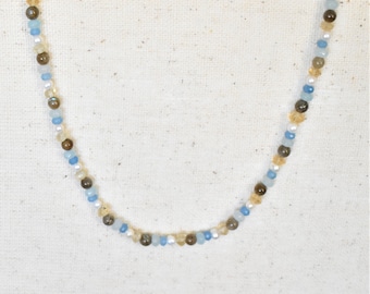 Genuine Gemstone Necklace, Blue Chalcedony Citrine Freshwater Pearls Labradorite, Sterling Silver Clasp, Gift for her, beaded necklace