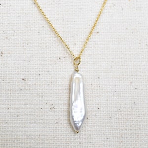 Genuine  Pearl Necklace, Biwa long Freshwater Pearl pendant,  pearl pendant and chain necklace, gold plated silver chain Necklace, wedding
