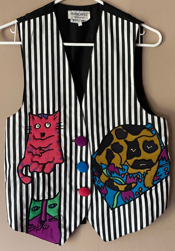 Vintage 80s Silkscapes Festive Vest - Cat Feline T