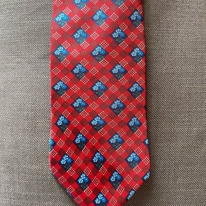 Vintage Liberty of London Necktie - Italy - 100% Silk - Red Gingham Picnic Design w/ Flowers