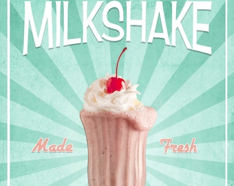 Retro milkshake print, Strawberry milkshake photo, vintage, Malt shop photo, Kitchen decor, Food Photography, Printable download, wall art,
