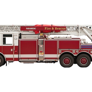 May include: A red fire truck with a white ladder and the words "Paramedic Truck" and "Fire & Rescue" on the side.