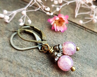 Two-tone wire wrapped earrings with pink opal beads | Etsy