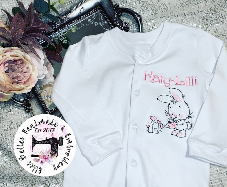 Easter bunny baby sleepsuit baby grow sleepsuit set birth announcement gift new baby gift Personalised baby gift