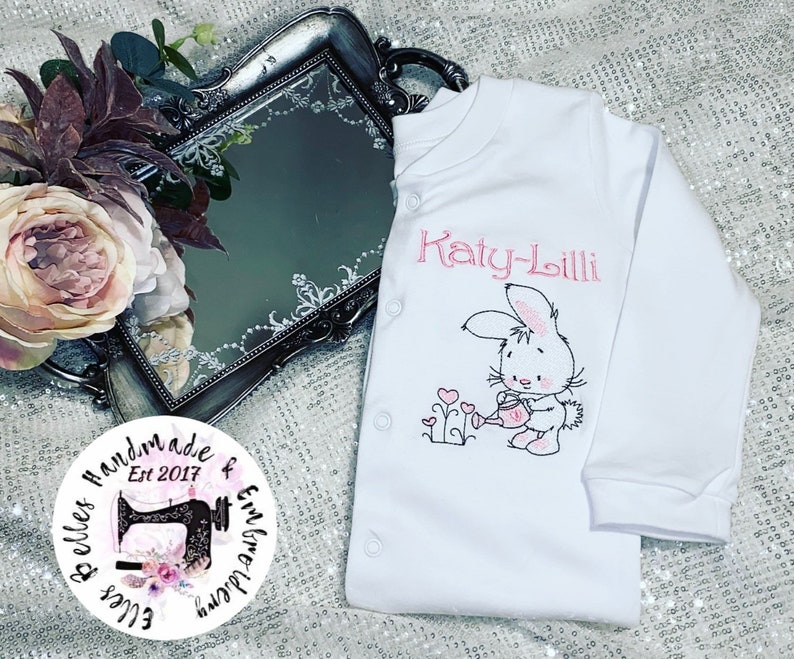 Easter bunny baby sleepsuit baby grow sleepsuit set birth announcement gift new baby gift Personalised baby gift