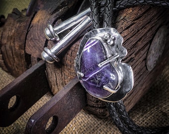 Dashing Bolo Tie of Sterling Silver, Genuine Leather and Banded Dream Amethyst