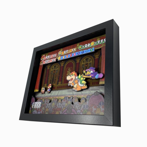 Paper Mario Videogame Shadowbox 8x10 and 11x14 | Video Game Wall Art | Mario Shadow Box | Paper Mario Bowser | Mario Gift Idea