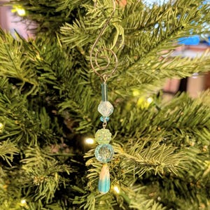 Hand Crafted Christmas Tree Ornament UPCYCLED Vintage Costume Jewelry Beads BLING Glass Plastic Metal Beads Italian Chevron Faceted Blues