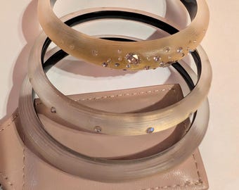 Y2K Vintage Alexis Bittar Bangle Bracelets 3 Pieces Luminous Lucite w Crystal Stones Size 7-3/4