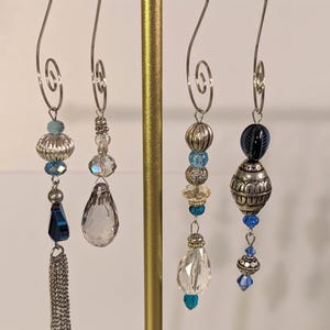 Christmas Ornaments Hand Made with Beads & Components from Old Costume Jewelry Silver Tone Blues Teal Tassel Set of 4 Q2Q Tree Bling