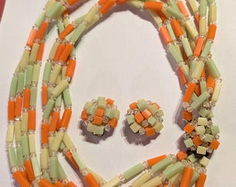 Vintage 1960s Plastic Bead Necklace & Clip-on Earrings Bright Colors 9 Strands FAB MOD Statement West Germany Crazy Cute Amazing Closure!