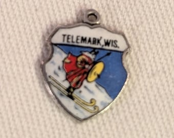 Vintage 1970s Sterling Silver & Enamel Charm Telemark Wisconsin Ski Resort Northwoods Lodge Small Shield Shape Viking Imagery 1/2&quot;
