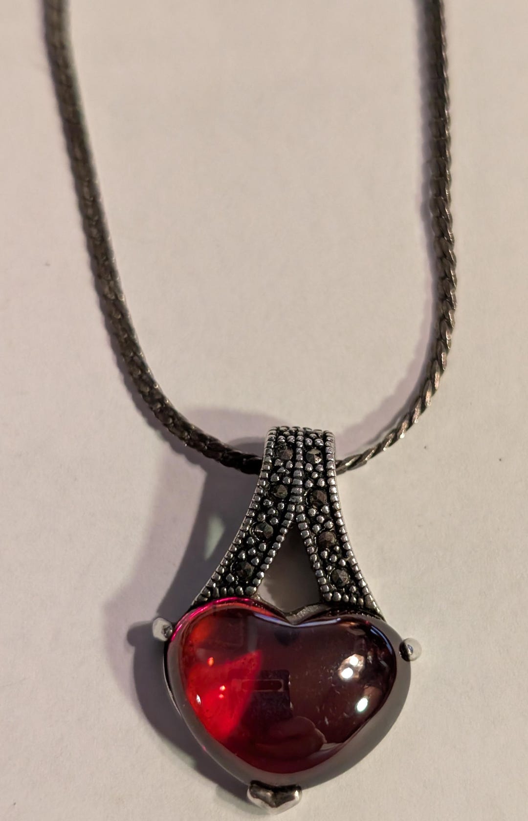 Early 2000s Red Glass, 925 Silver and Marcasite Heart Pendant With ...