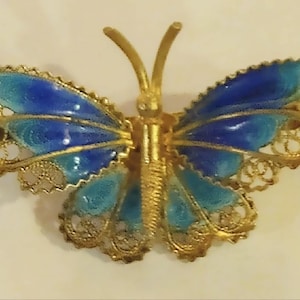 Antique Butterfly Pin Brooch Plique a Jour 925 Silver/ Gold Wash Vermeil 1-1/2&quot; Wide SO PRETTY!