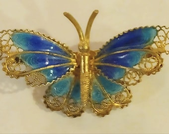 Antique Butterfly Pin Brooch Plique a Jour 925 Silver/ Gold Wash Vermeil 1-1/2" Wide SO PRETTY!