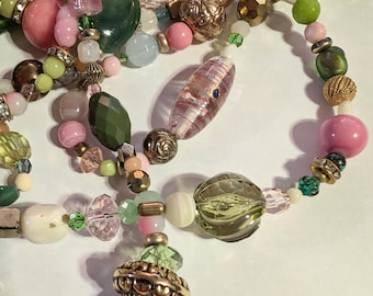 Hand Crafted Christmas Tree Garland UPCYCLED Vintage Necklace Beads &quot;Cottage Chic&quot; Pink & Green 25Ft. Glass Metal Wedding Cake Acrylics