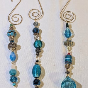 Christmas Ornaments Set of 3 Unique! Made of Beads Harvested from Vintage Jewelry by Luxe Cottage Caribbean Blue with Fancy Bling LKK