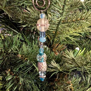 Christmas Ornament Vintage Glass Beads  Shades of Blue with Sparkle Rhinestones 3-1/4&quot; Long Hand Crafted UPCYCLED! Tree BLING
