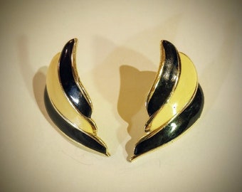 1980s Vintage Enamel Earrings Black & Creamy White Fan Shaped (ish)