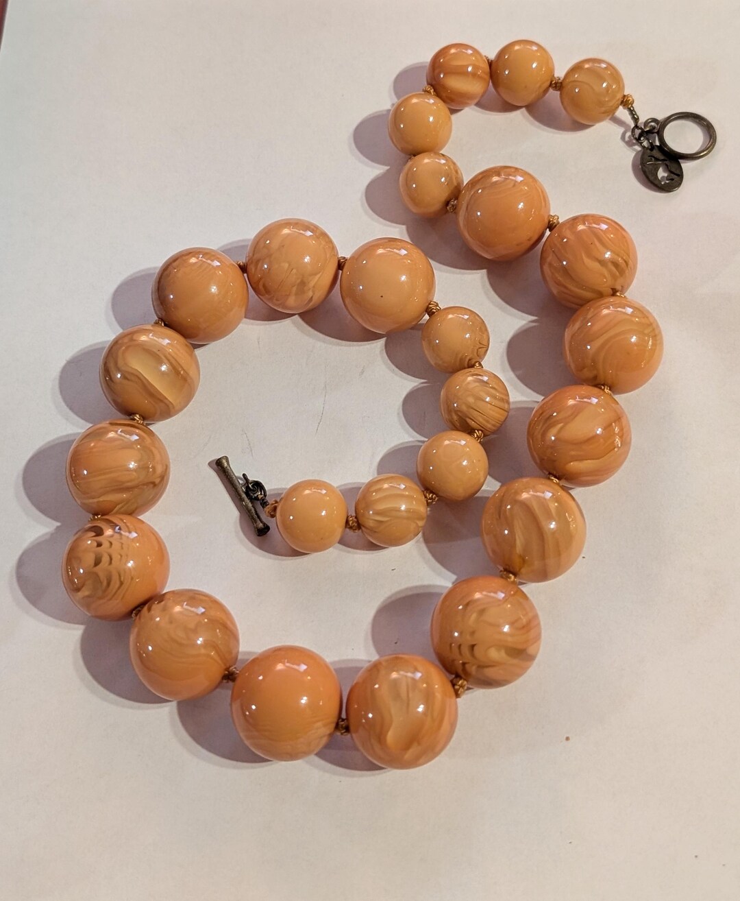 Y2K Vintage Chunky Marbelized Plastic Bead Necklace Caramel 25