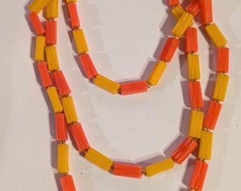 1960s Vintage Long 56" Strand Plastic Beads Two Shades of Orange BRIGHT & MOD Mid-Century Modern Foldover Clasp Made in Hong Kong
