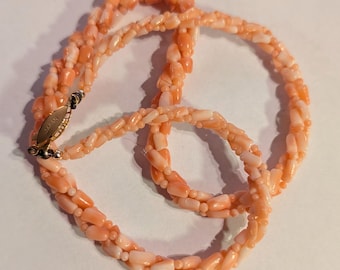 Elegant Vintage Angel Skin Coral Bead Necklace Three Strands Twisted Beautiful Color Japan Marked Closure 19-1/2" Feminine & Classic