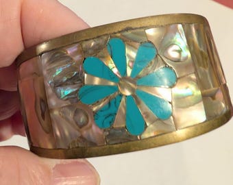 SO GREAT! Vintage Brass Cuff Bracelet with Inlaid Turquoise Colored Resin & Natural Ablone Pieces Mosaic 2-1/2" At Widest Bohomian Must Have