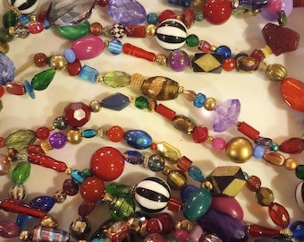 Unique Christmas Tree Garland UPCYCLED Vintage Bead Necklaces 30 Ft. Long "Luxe Harlequin" Jewel Colors Glass Metal One-of-a-Kind Heirloom