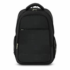 May include: Black backpack with a top handle and two zippered compartments. The backpack has a front pocket and two mesh side pockets. The zippers are silver-colored. The backpack is made of a durable material.