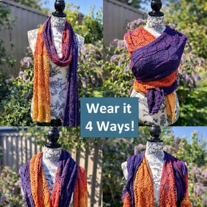 Puede incluir: Un patrón de ganchillo para una bufanda que se muestra de cuatro maneras diferentes. La bufanda es un degradado de naranja, morado y rojo. Se muestra el texto "Wear it 4 Ways". El patrón es una descarga PDF intermedia.