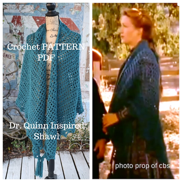 Dr. Quinn Medicine Woman, Dr. Quinn inspired Shawl, All Year Mesh, Crochet Pattern PDF, Peaked Border, Tassel Shawl Customizable,
