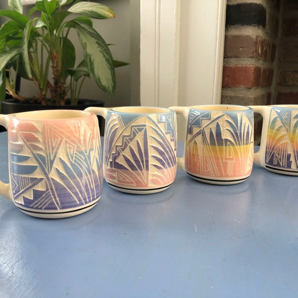 Rare Set: Ute Tribe Handmade Mugs - 4 Vintage Coffee Cups Ute Mountain Indian - Ceramic Glazed Finish - Retro 80s Pastel Southwestern Style