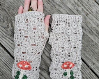 Crochet Fingerless Gloves with Mushroom Applique, Cottagecore Accessories