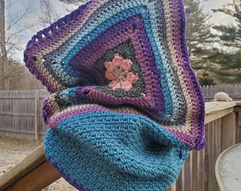 Crochet Granny Square Flower Hoodie Scarf