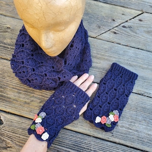 Handmade Crochet Cottagecore Fingerless Mittens and Cowl Set, Crochet Scarf and Mittens Set, Matching Crochet Scarf and Mittens